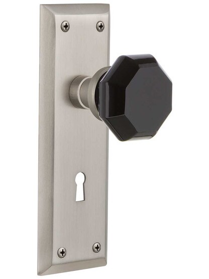 New York Mortise Lock Set with Colored Waldorf Crystal Glass Knobs Black in Satin Nickel.